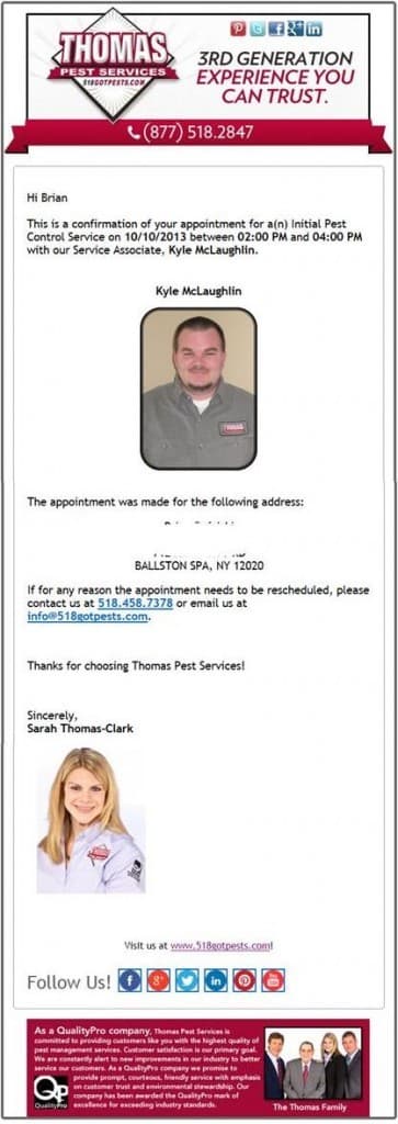 Appointment Confirmation Email From Thomas Thomas Pest Services, your local pest control company you can trust.
